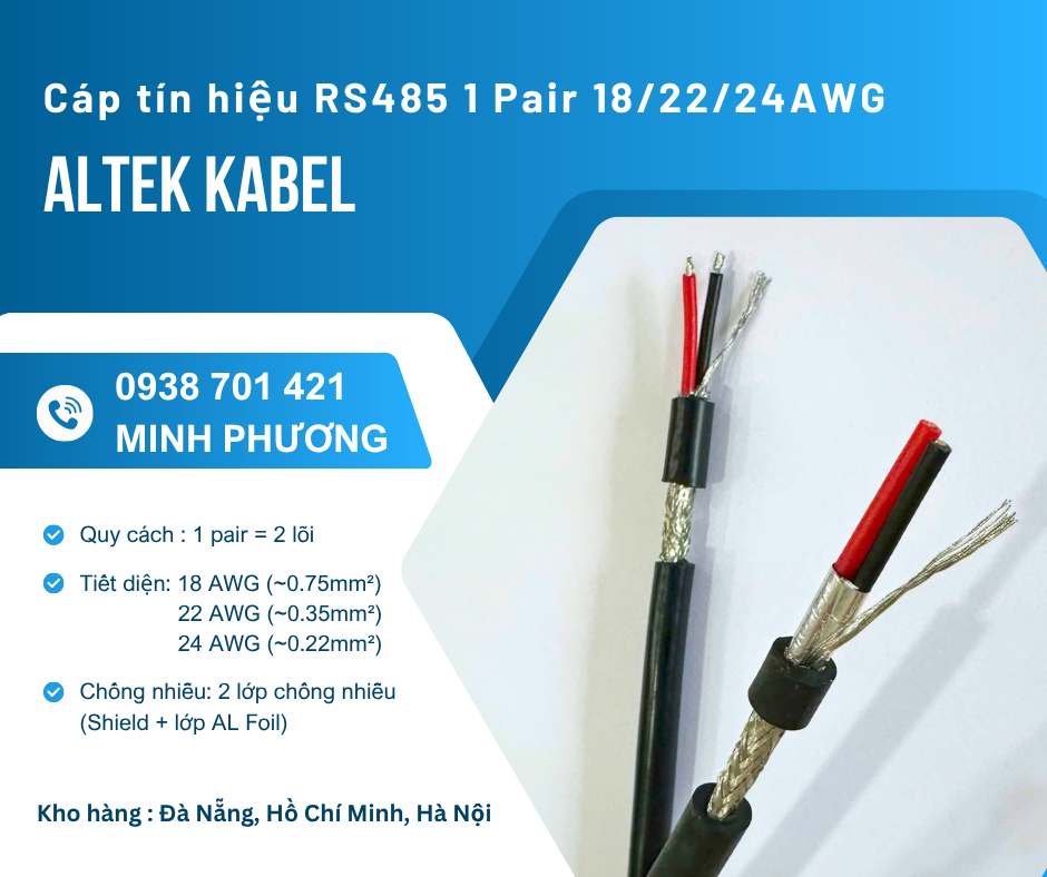 Cáp RS485 chống nhiễu 1 Pair 18/22/24AWG chính hãng Đồng Nai, Bình Dương, BR-VT
